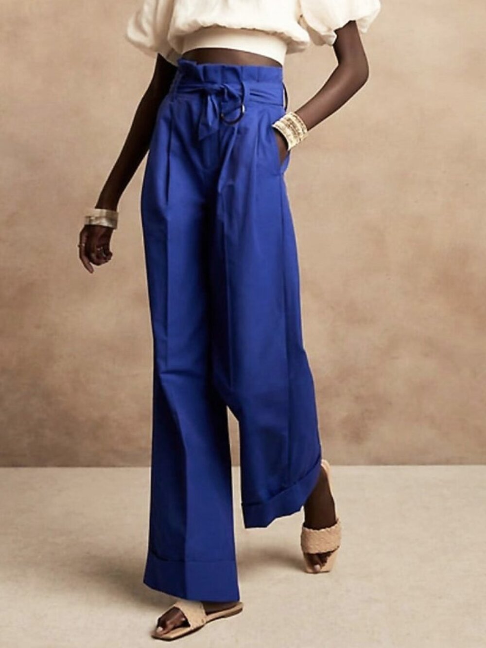 New BR Cotton Blend Wide Leg Paper Bag Trousers Cobalt Blue 4, S $130